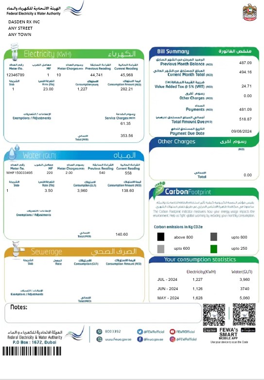 UAE Dubai Federal Electricity & Water Authority business utility bill Word and PDF template PSD template